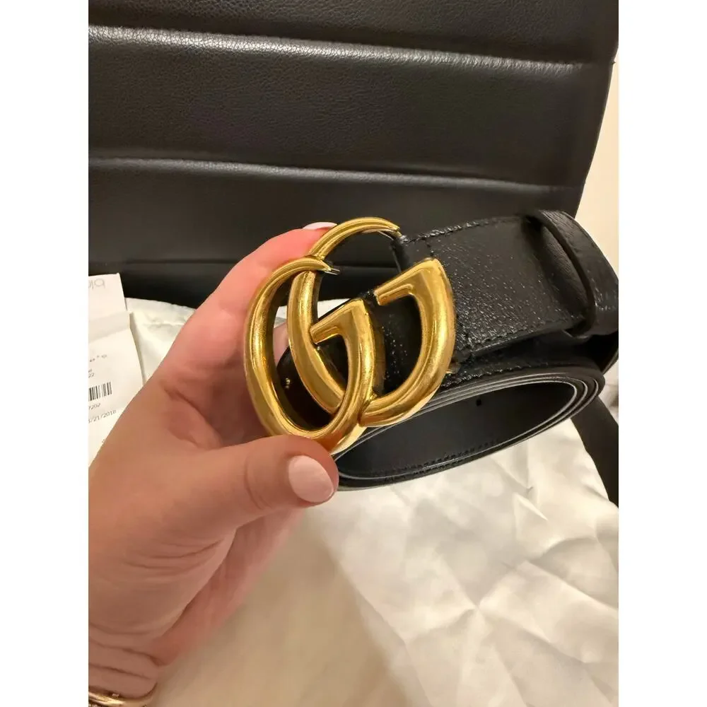Gucci Double G - Thick Leather Black & Gold Belt size 115